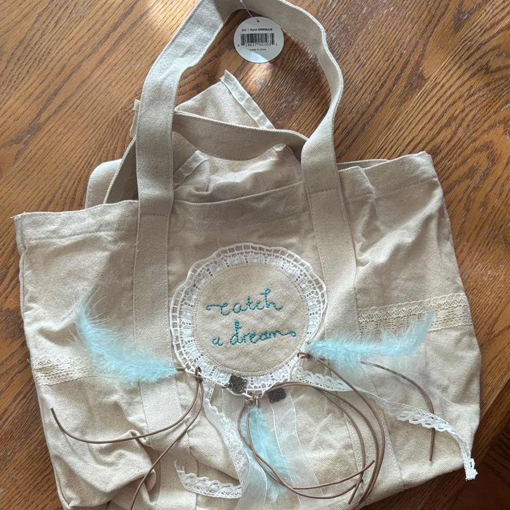Canvas Tote Bag with Dreamcatcher Detail - Beige with Light Blue Feathers